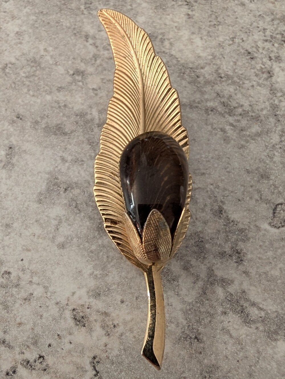 Gold Tone Feather Brooch with Smoky Glass Cabochon